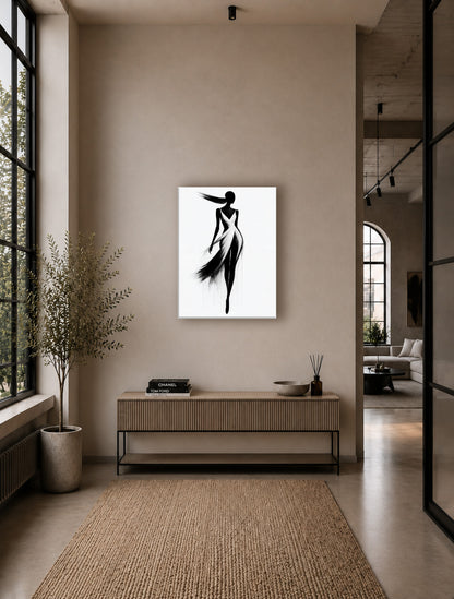 Fashion illustration poster showcased on a tall beige wall in a luxurious minimalist hallway.