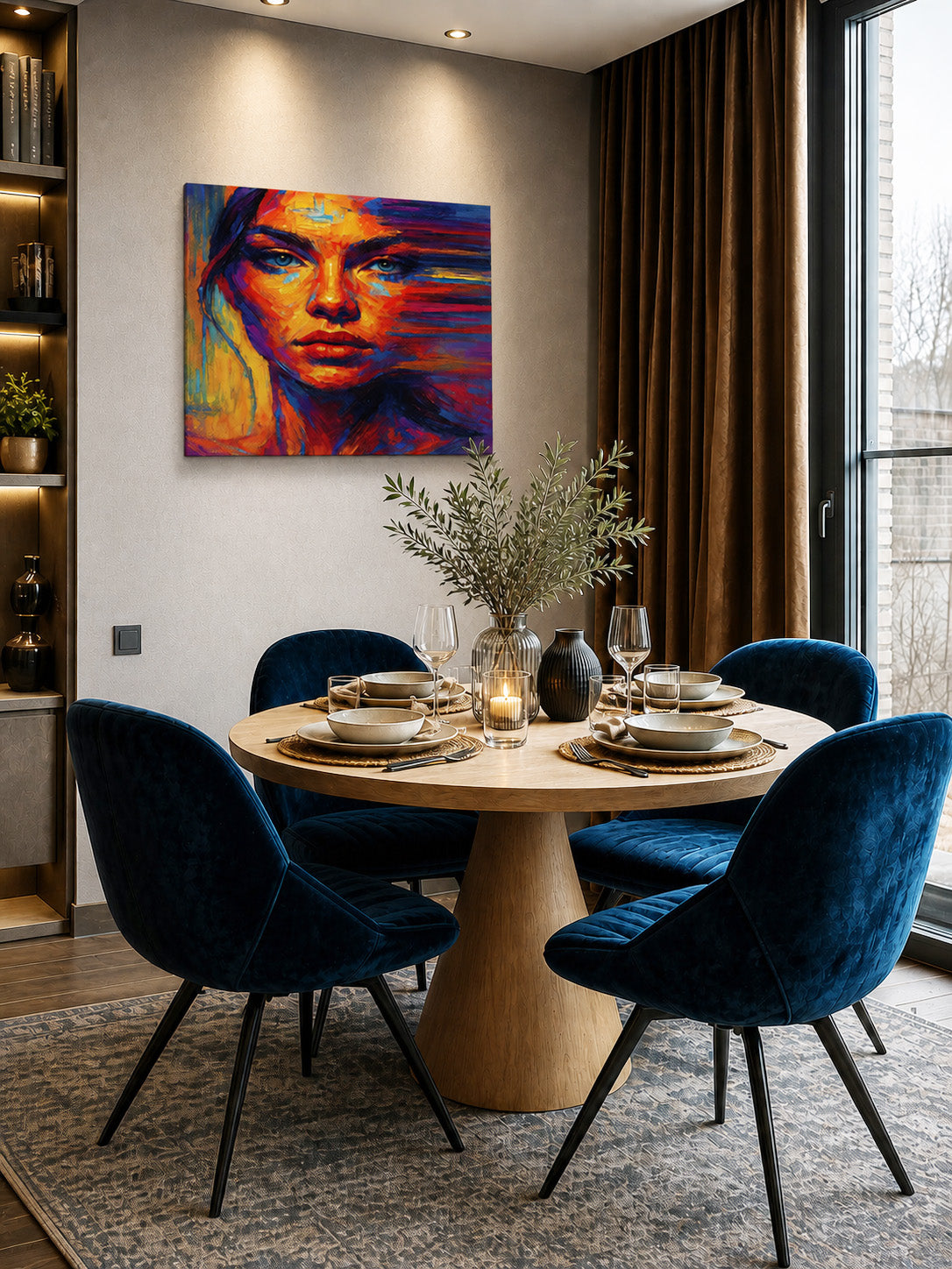 Colorful abstract woman canvas wall art displayed in a modern dining room with blue velvet chairs and warm neutral decor.