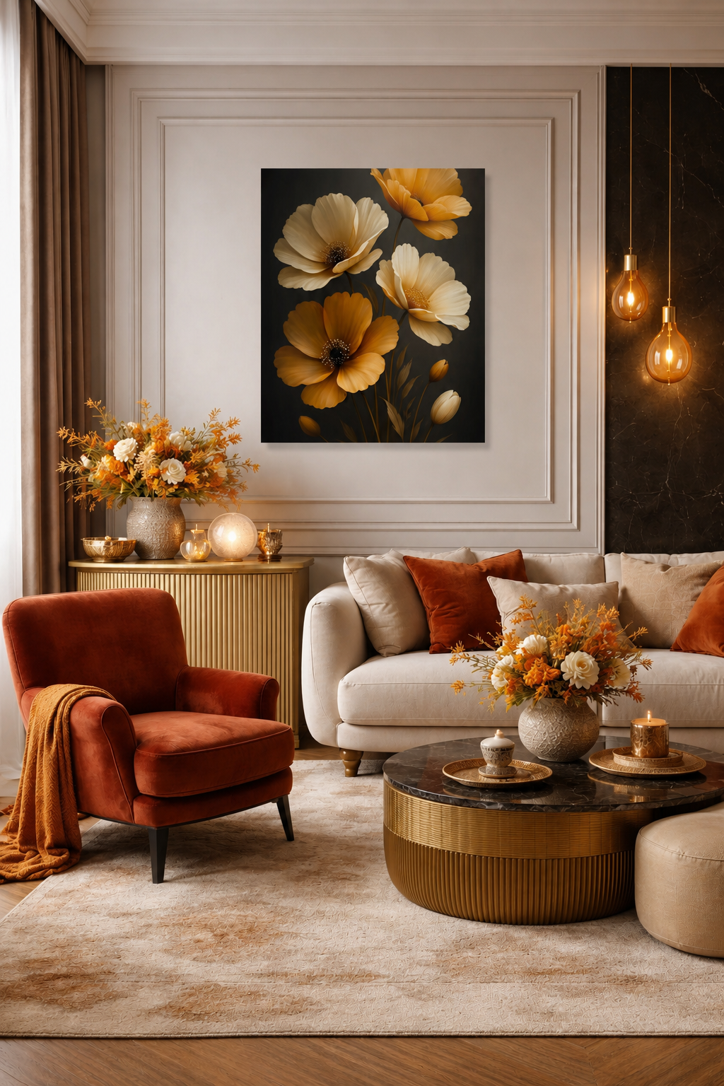 Black floral canvas wall art in elegant living room with velvet chair, gold accents and modern luxury decor