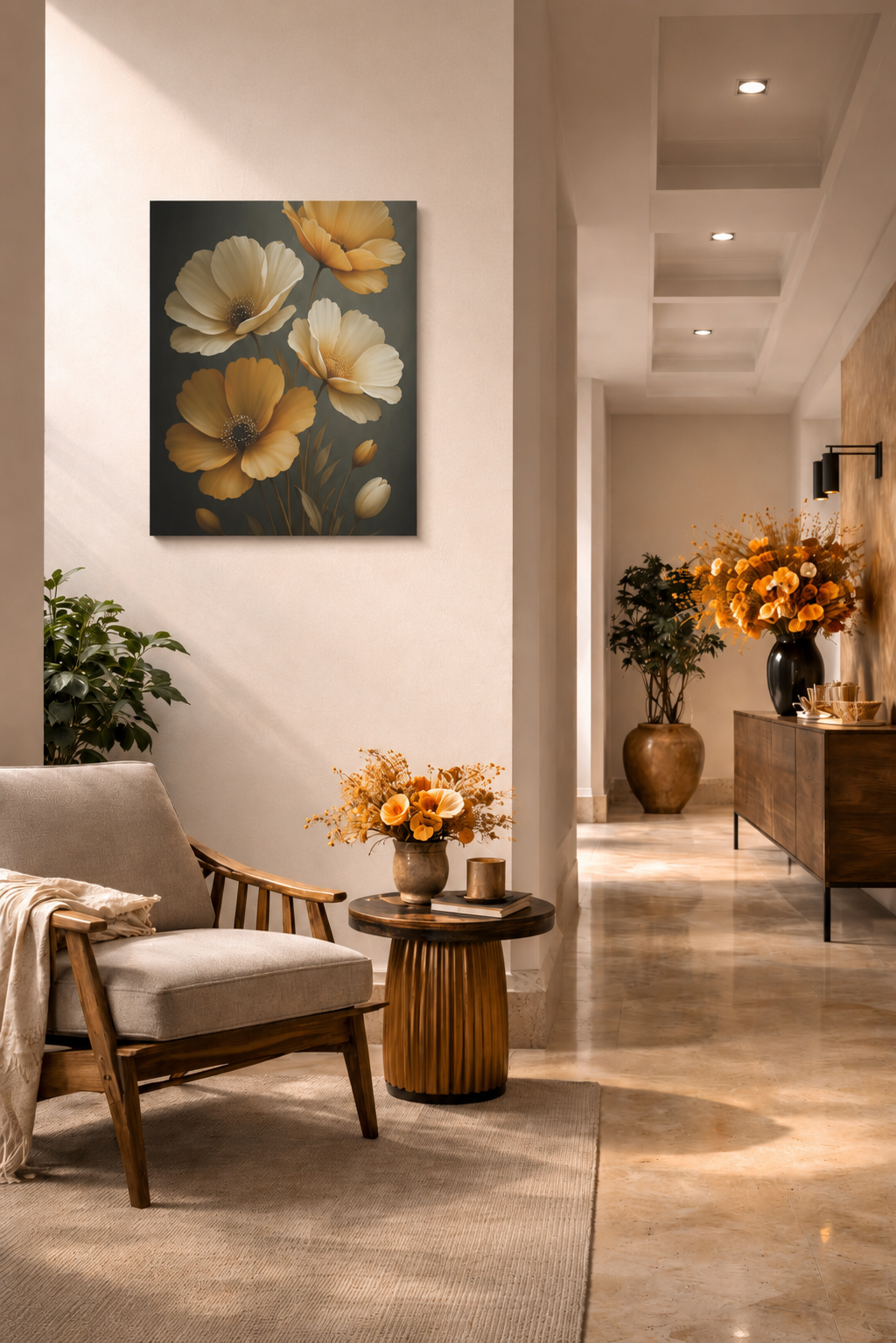 Floral canvas wall art displayed in modern hallway with neutral furniture, autumn flowers and warm interior styling