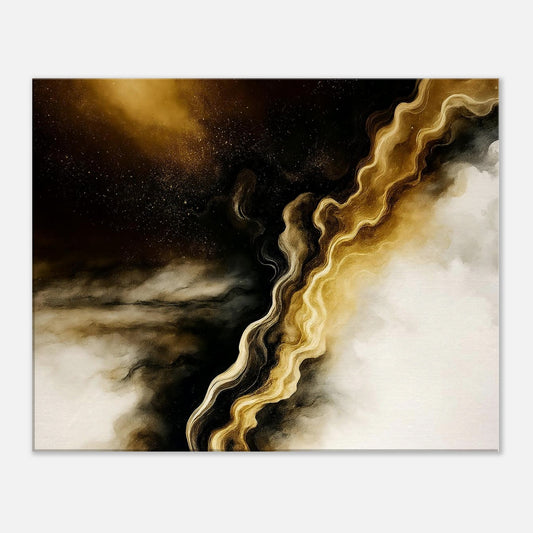 Modern gold abstract canvas wall art featuring flowing golden lines and soft neutral tones on a dark background