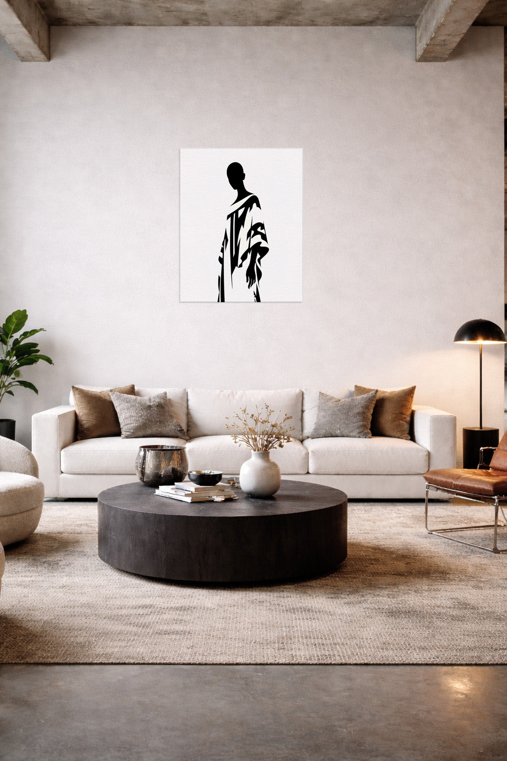 Modern living room interior with a linear fireplace and a large empty wall, styled in neutral tones to showcase how minimalist wall art fits into contemporary spaces