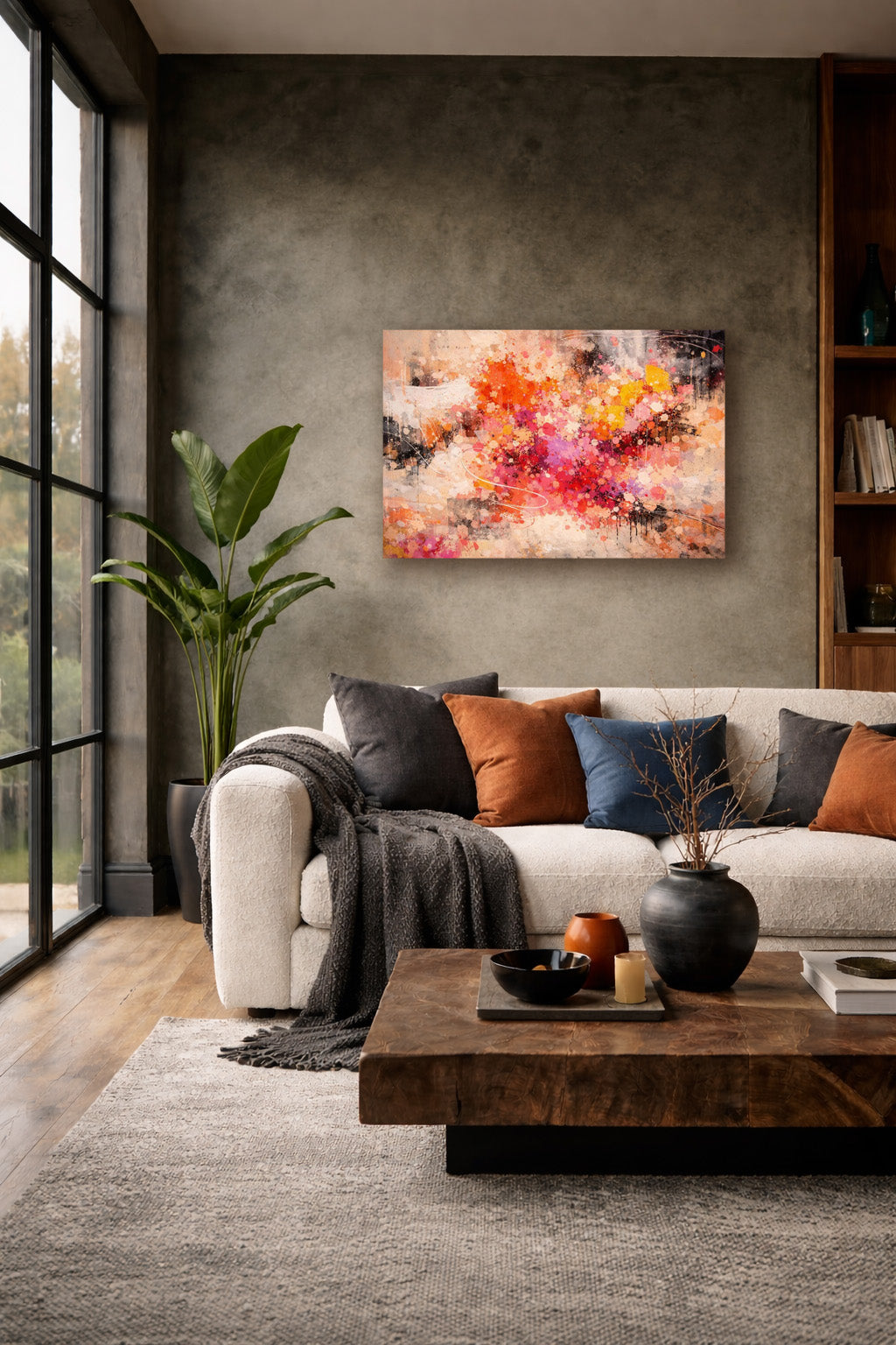 Colorful abstract poster styled in a contemporary loft living room with a gray sofa, wooden coffee table, and warm decorative accents.