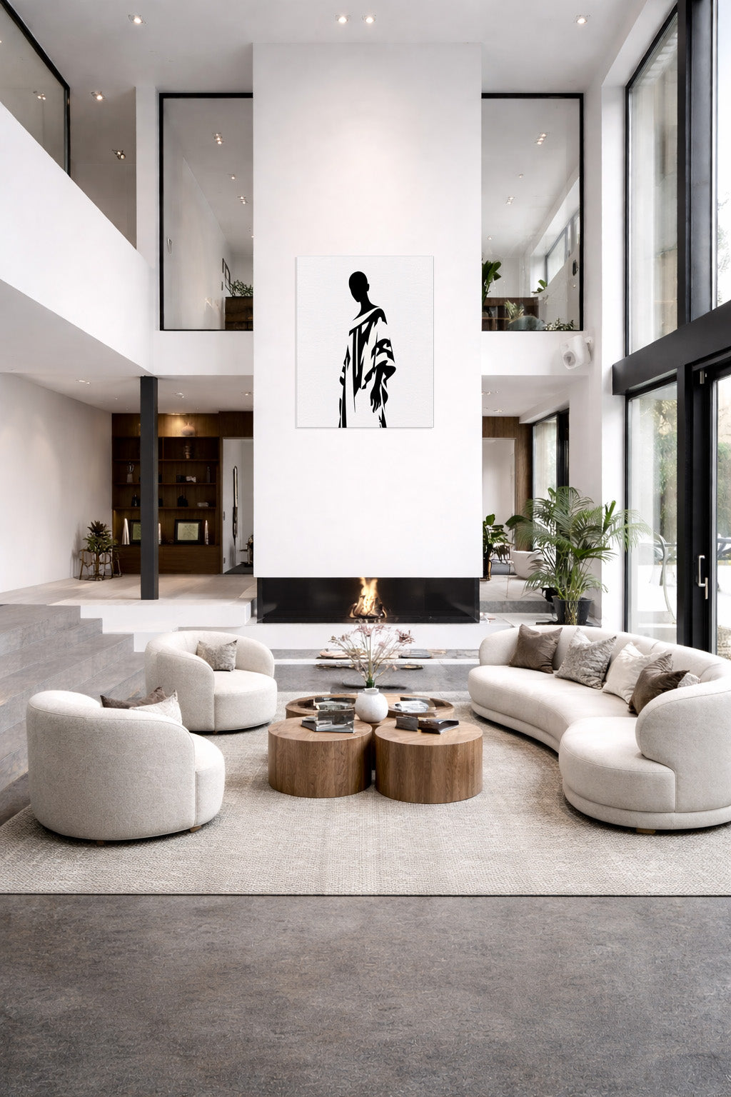Loft-style modern interior featuring a spacious layout and a central empty wall, designed to highlight minimalist art prints in architectural and design-focused homes