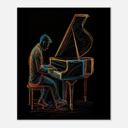 Detail of the Midnight Melody print with the orange contour lines of the grand piano against the black background.