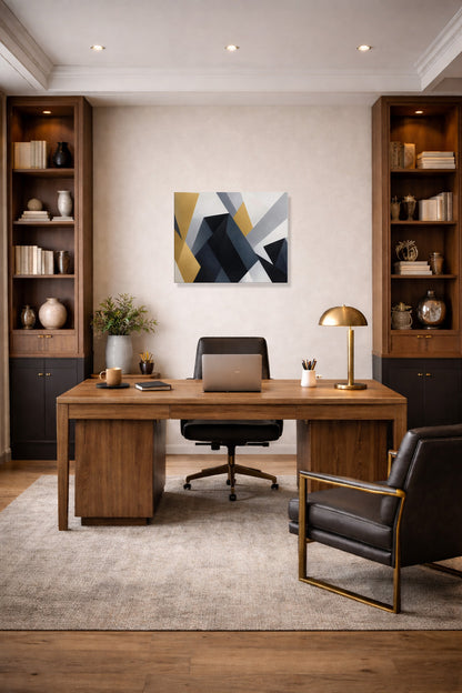 Geometric canvas wall art in a home office above a wooden desk and leather chair