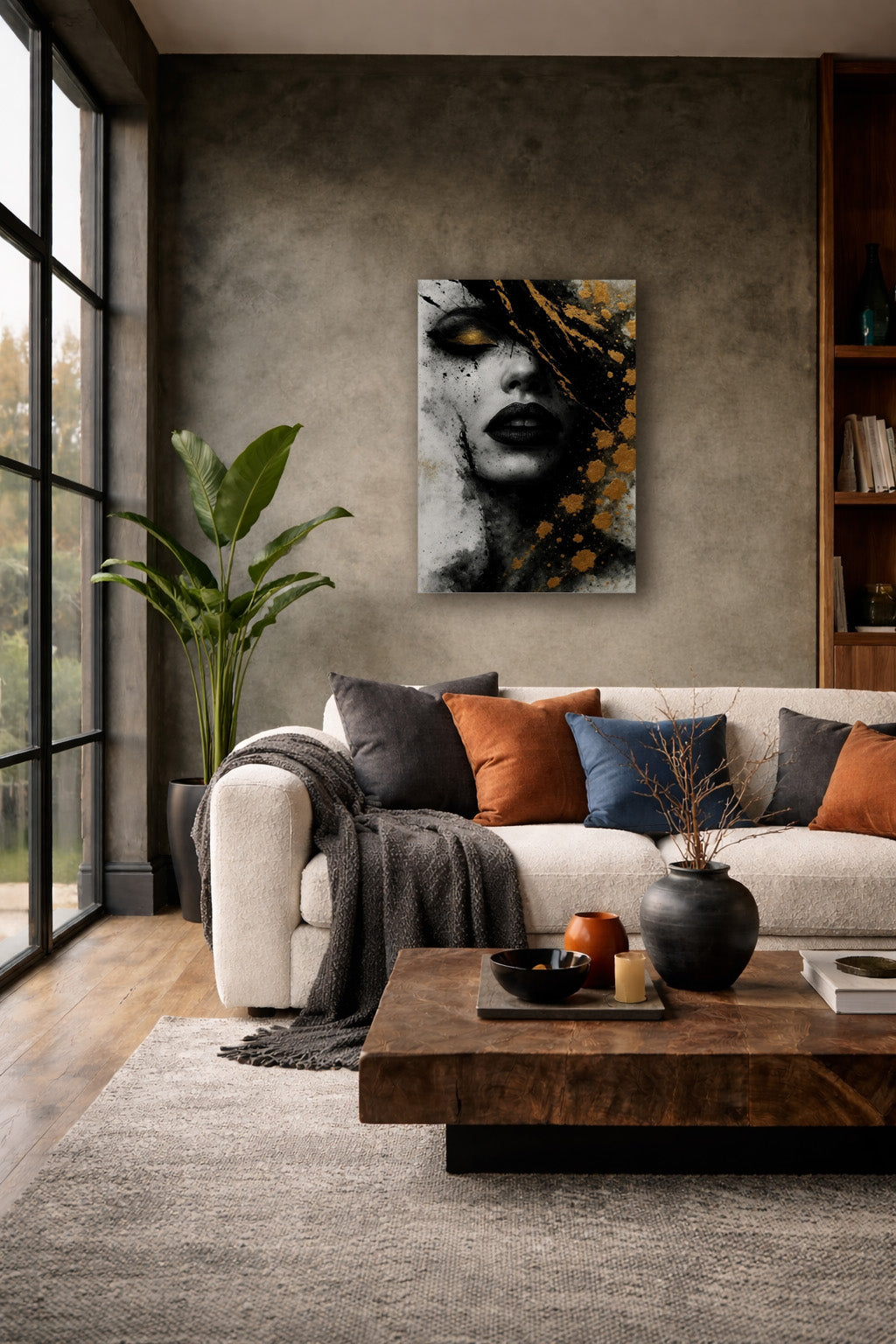 Black and gold abstract female canvas featured above a low wooden coffee table in a contemporary living room with textured walls and natural light.