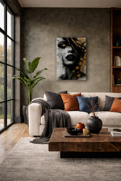 Golden Eclipse abstract portrait poster above a low wooden coffee table in a contemporary living room with textured walls and natural light.