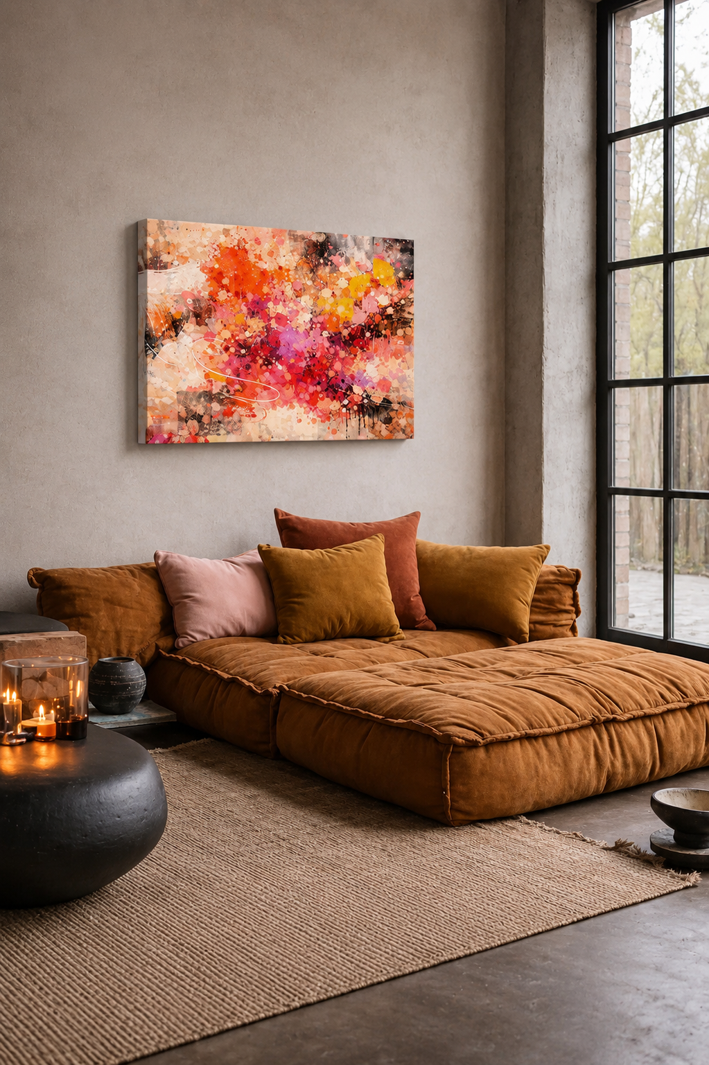 Abstract canvas wall art above low floor sofa in minimalist bedroom with warm earthy tones