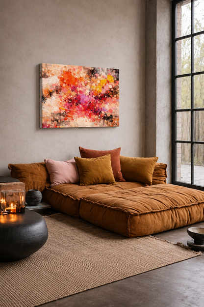 Abstract canvas wall art above low floor sofa in minimalist bedroom with warm earthy tones