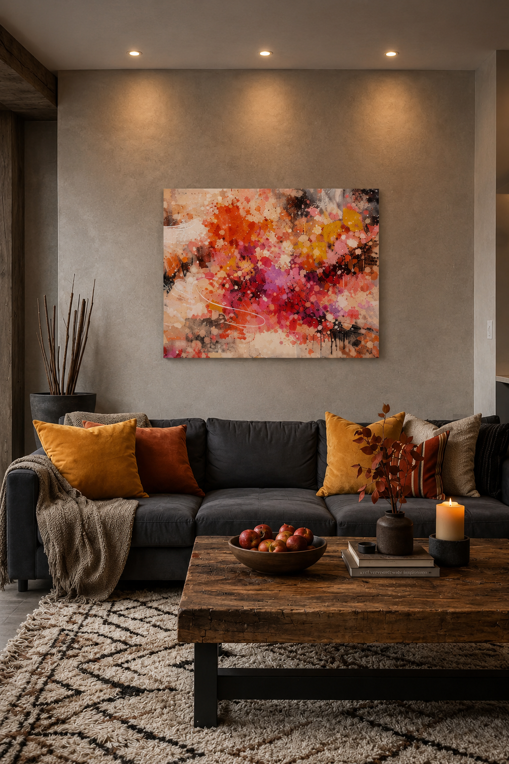 Large abstract canvas wall art above dark gray sofa in modern contemporary living room