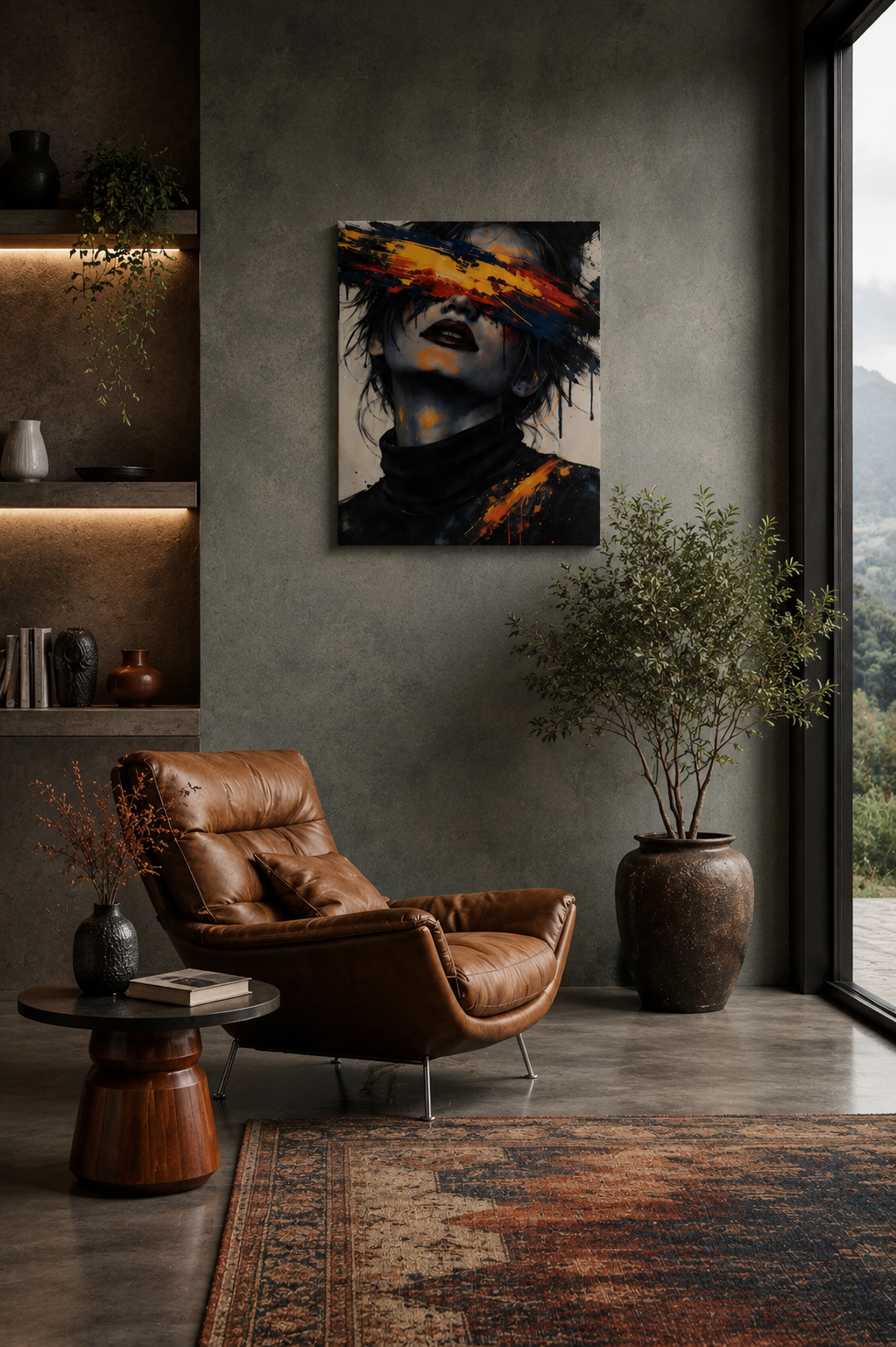 Cozy contemporary reading nook with a brown leather lounge chair, large plant, and abstract canvas artwork displayed on a textured wall.