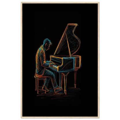 Midnight Melody piano line art in a natural wood frame, with the orange contour lines of the grand piano in view.