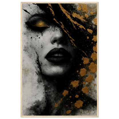 Golden Eclipse abstract portrait in a natural wood frame, with the gold-lidded eye and dark lips in view.