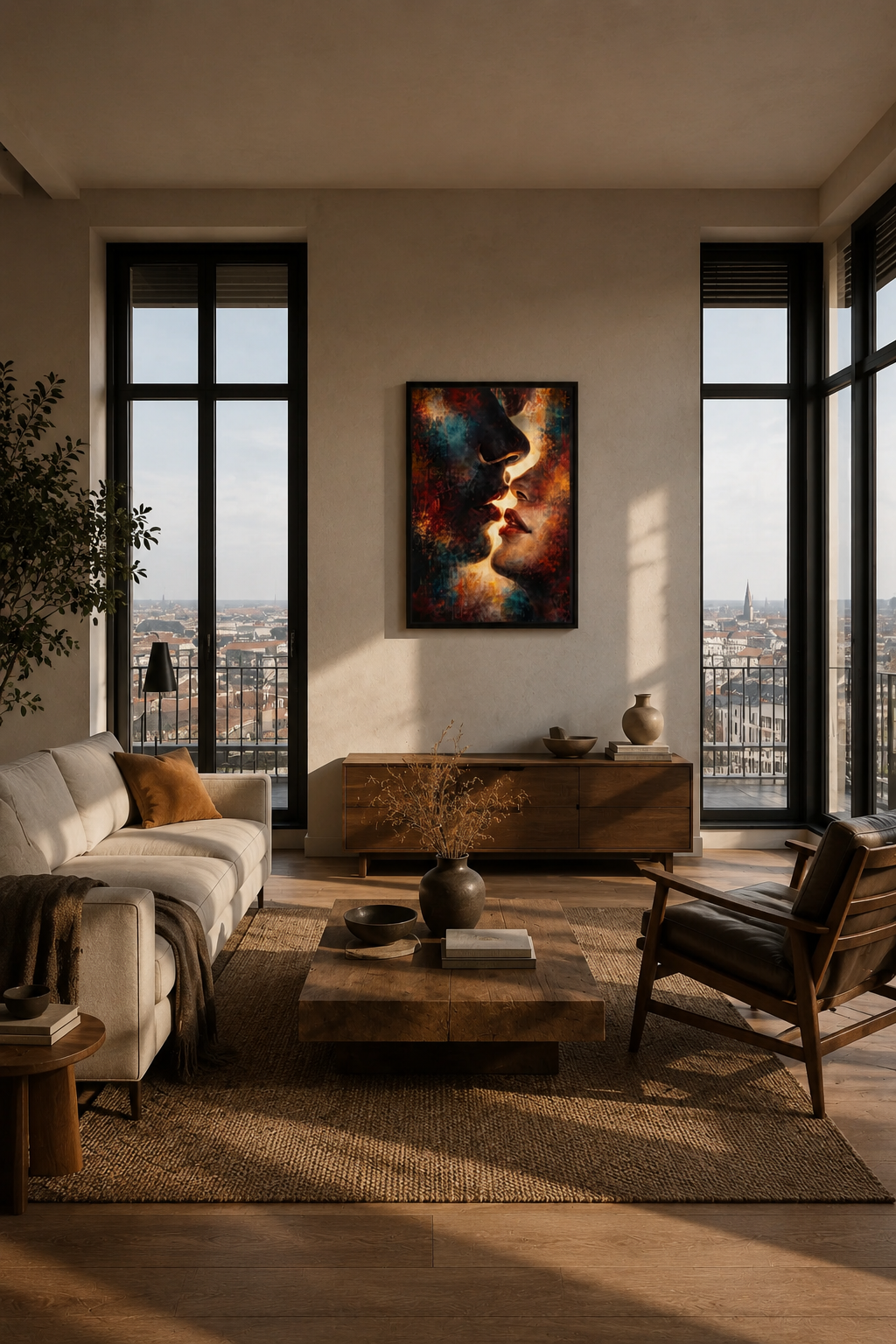 Modern living room with warm neutral tones and large windows featuring an abstract faces poster in dark blue and copper colors above a beige sofa.