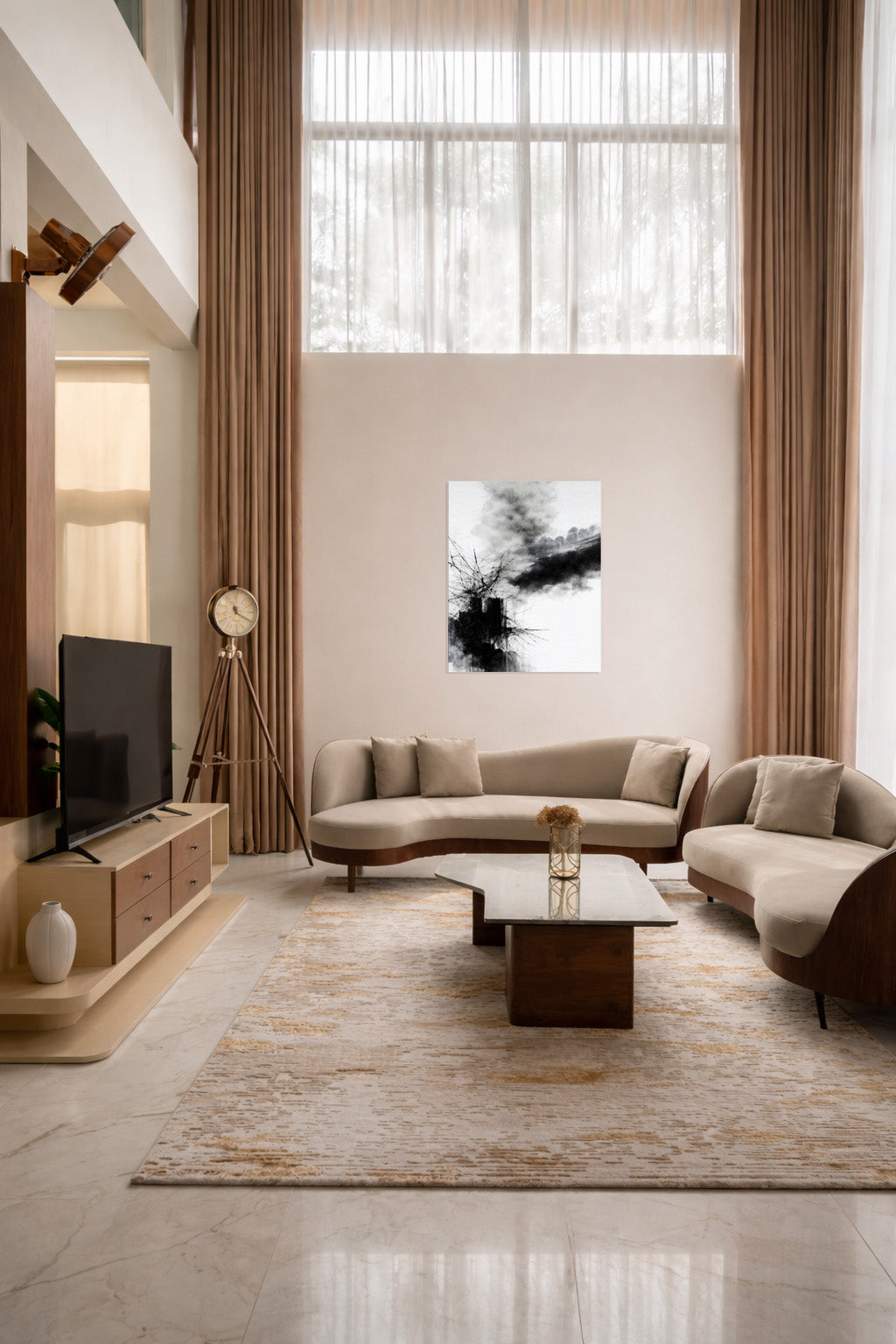 Black and white abstract canvas wall art displayed in a refined modern home interior
