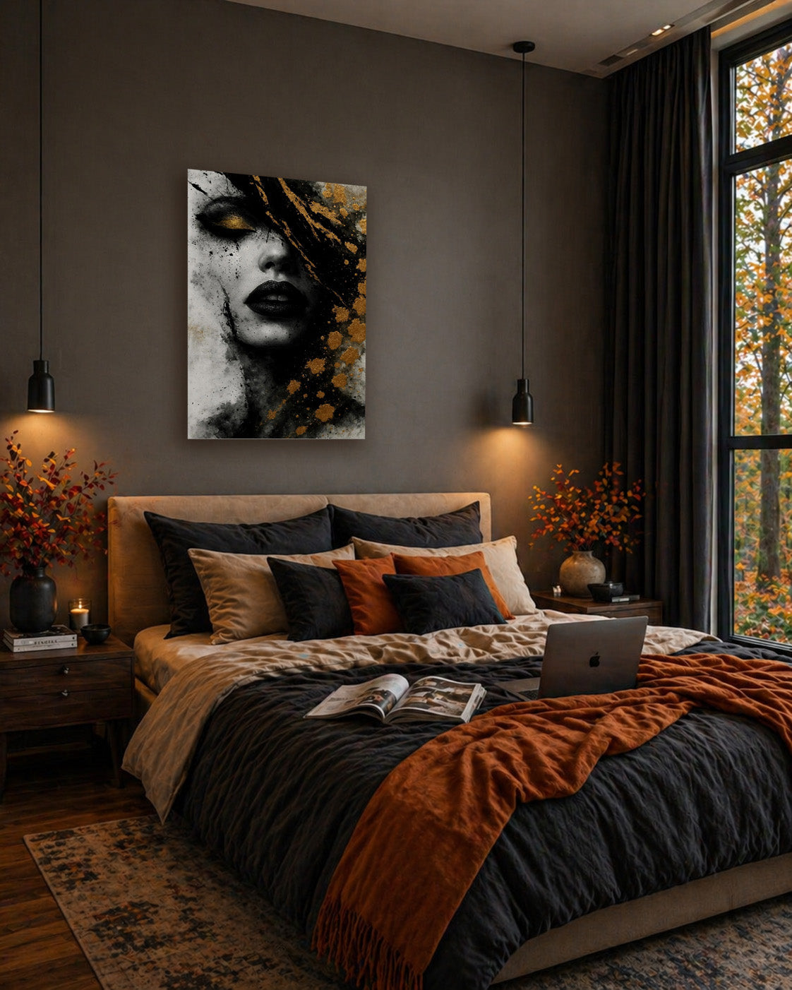 Black and gold portrait wall art hanging above a cozy bed with rust-colored bedding in a modern bedroom with warm lighting and large windows.