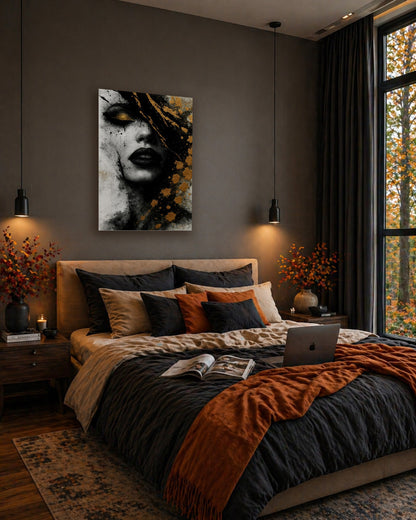 Golden Eclipse abstract portrait poster hanging above a bed with rust-colored bedding in a modern bedroom with warm lighting and large windows.