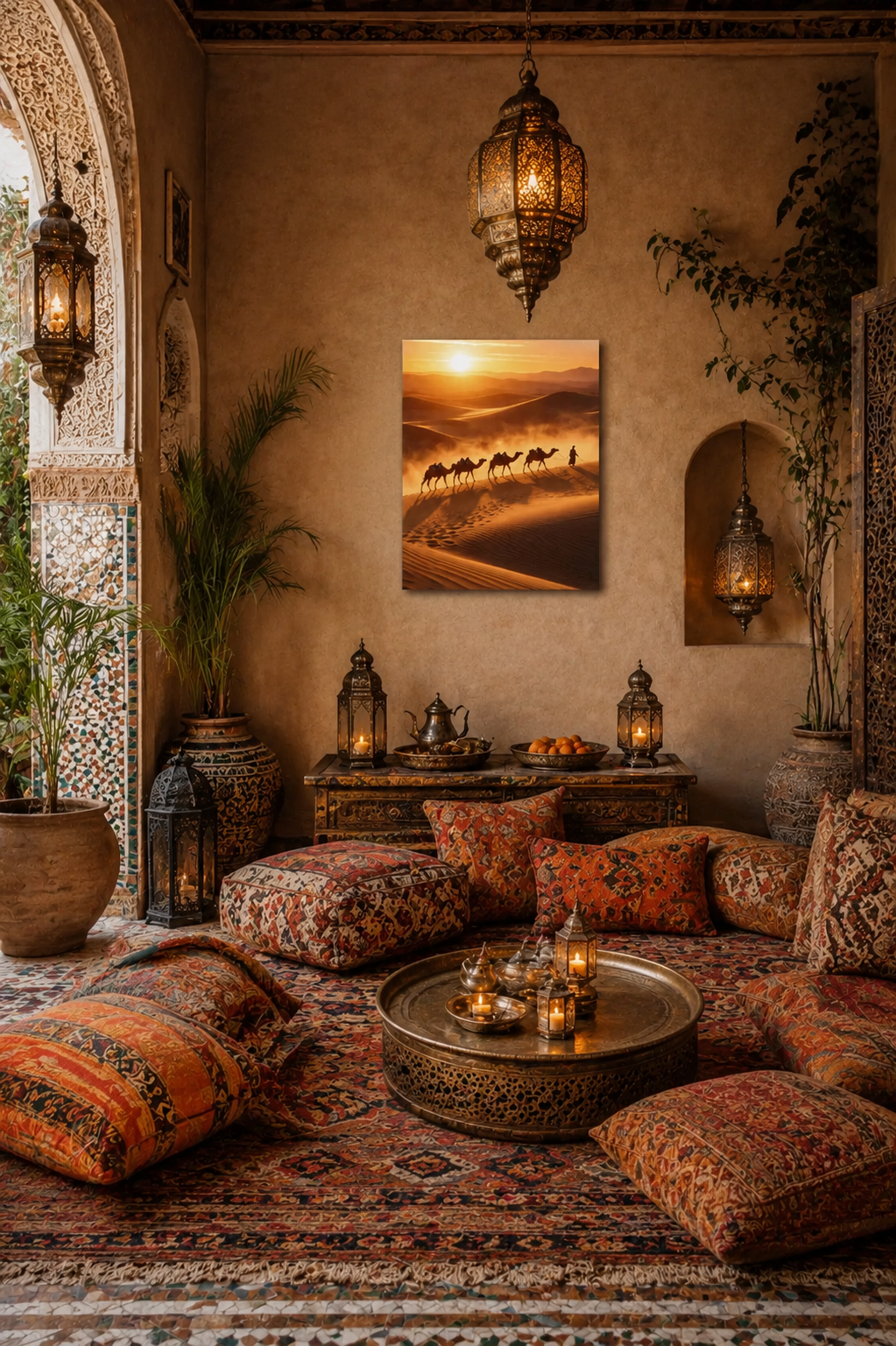 Cozy Moroccan lounge with floor cushions, lanterns, carved wall niche and realistic desert caravan canvas print.