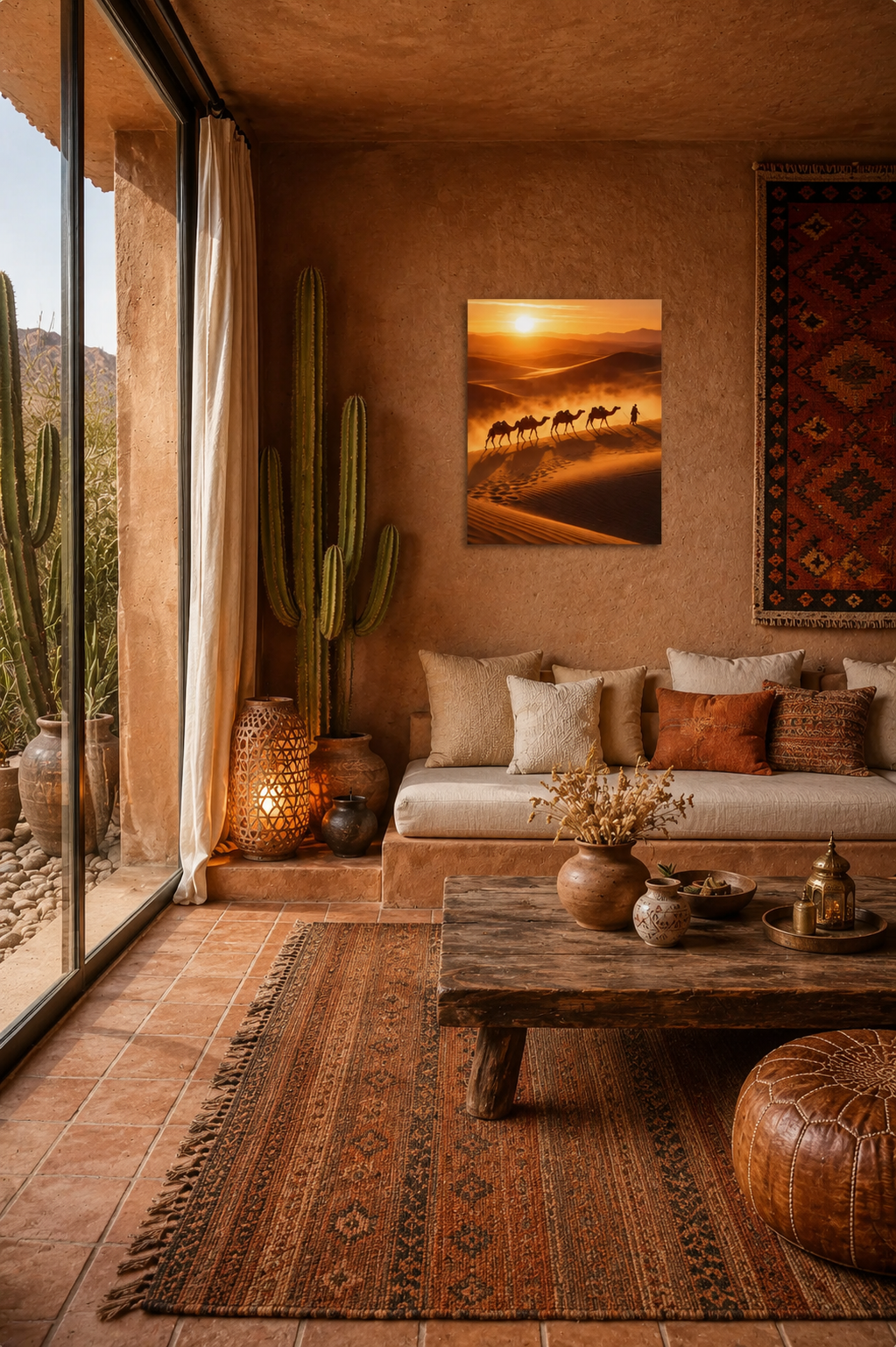 Realistic Moroccan living room with desert camel canvas wall art, terracotta tones, woven rug, low coffee table and warm lantern lighting.