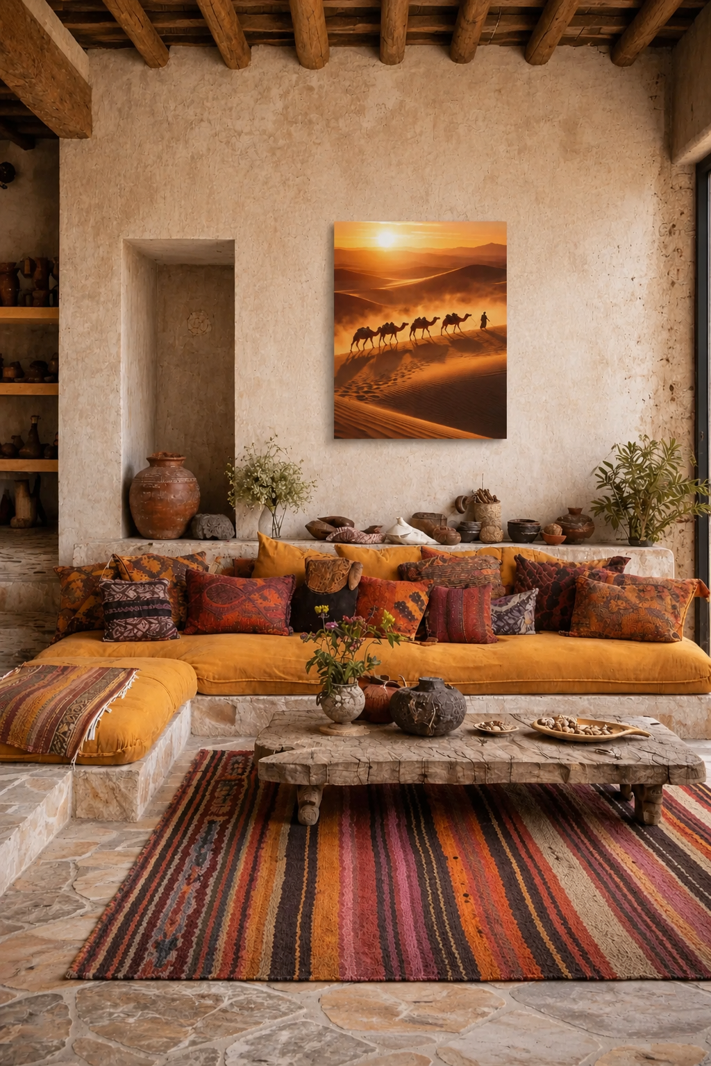 Traditional Moroccan majlis seating area with colorful floor cushions, patterned rug, brass tea table and desert dunes canvas artwork.