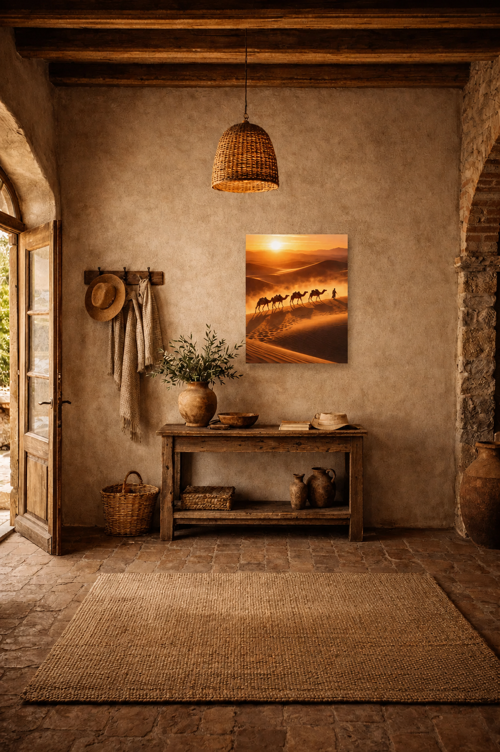 Rustic Moroccan hallway with wooden console table, clay pottery, woven pendant light and desert sunset canvas wall art.