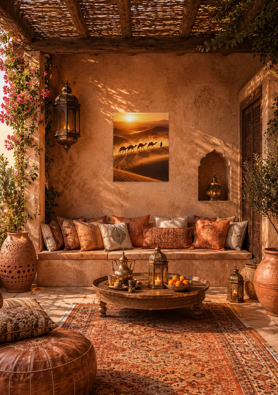 Sunlit Moroccan courtyard with textured plaster walls, lanterns, patterned rug, low seating and desert camel canvas artwork.
