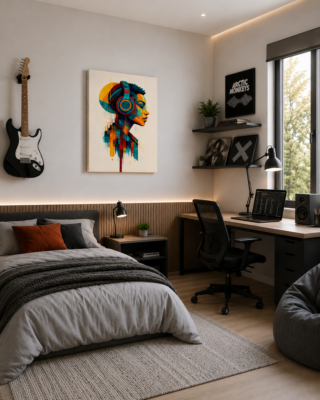 Colorful headphones canvas wall art above a modern bed in a music-inspired bedroom with guitar, workstation and soft natural lighting.
