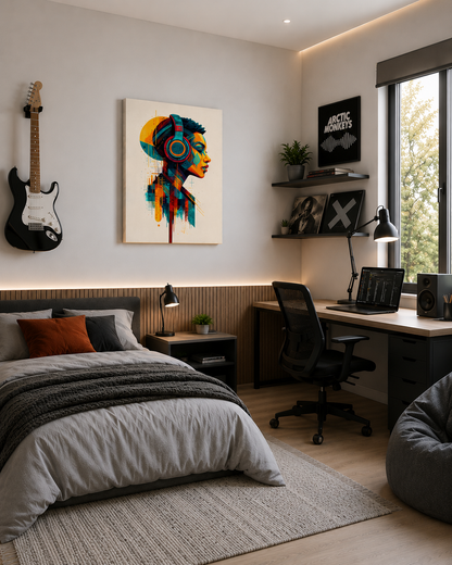Colorful headphones canvas wall art above a modern bed in a music-inspired bedroom with guitar, workstation and soft natural lighting.