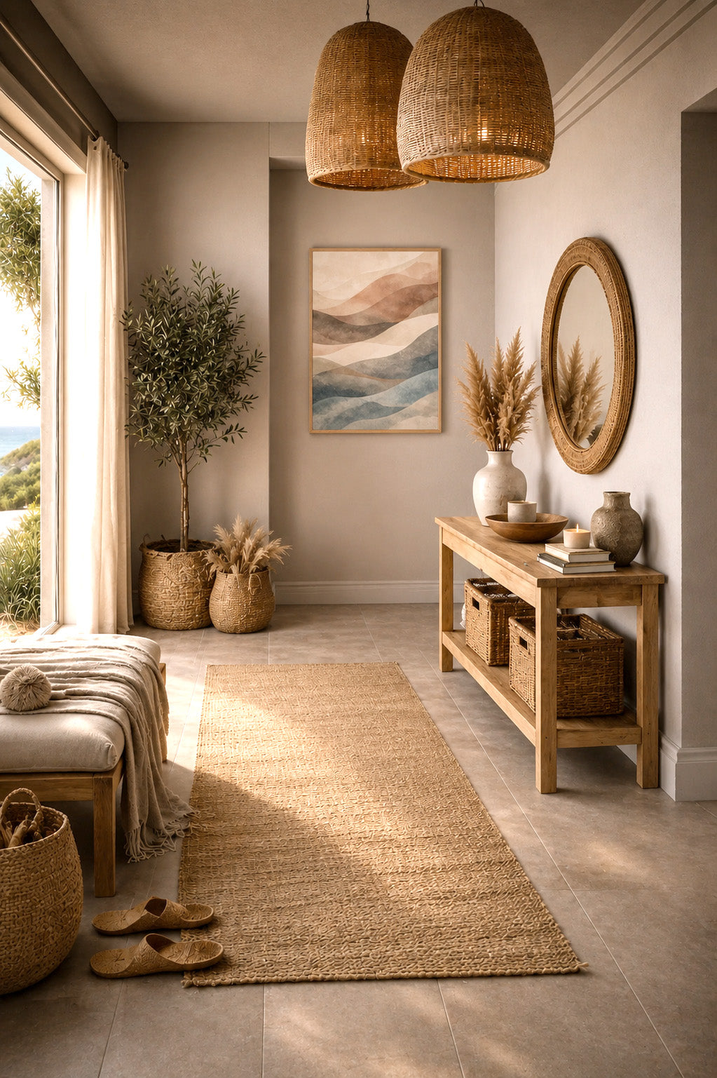 Warm boho hallway interior with woven pendant lights, wooden console table and pastel abstract canvas wall art in neutral tones.