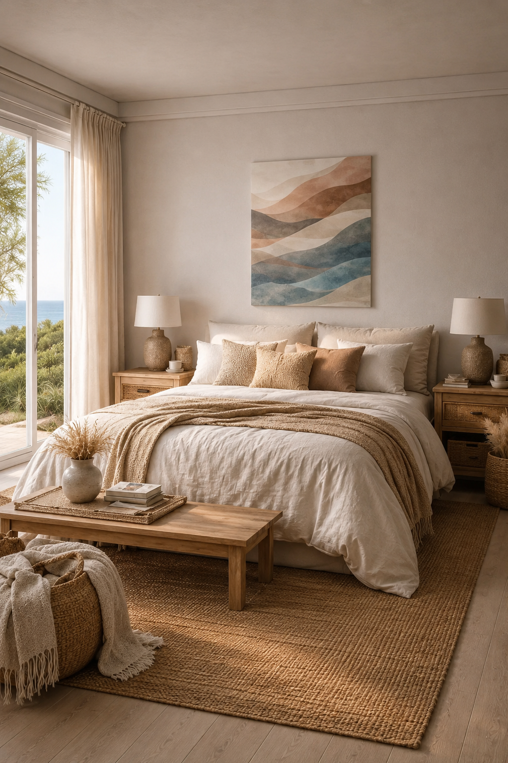 Cozy coastal bedroom interior with textured canvas print and warm natural decor accents