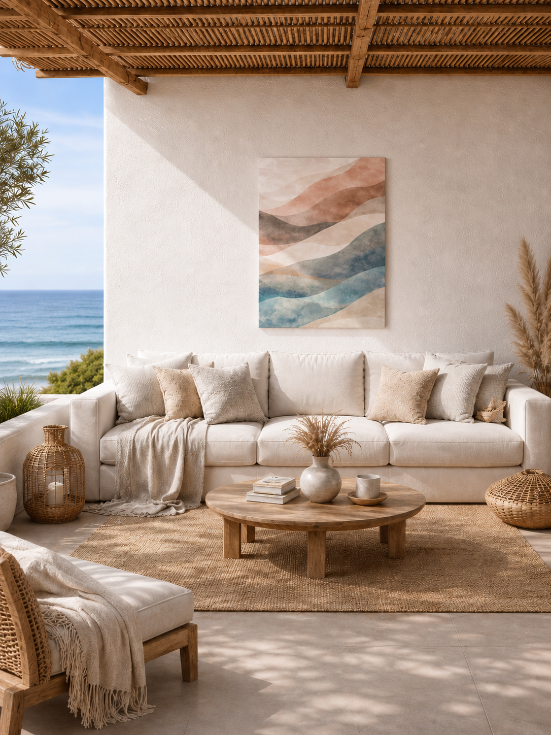 Minimal coastal living room with realistic canvas wall art in soft blue and beige tones above a neutral sofa