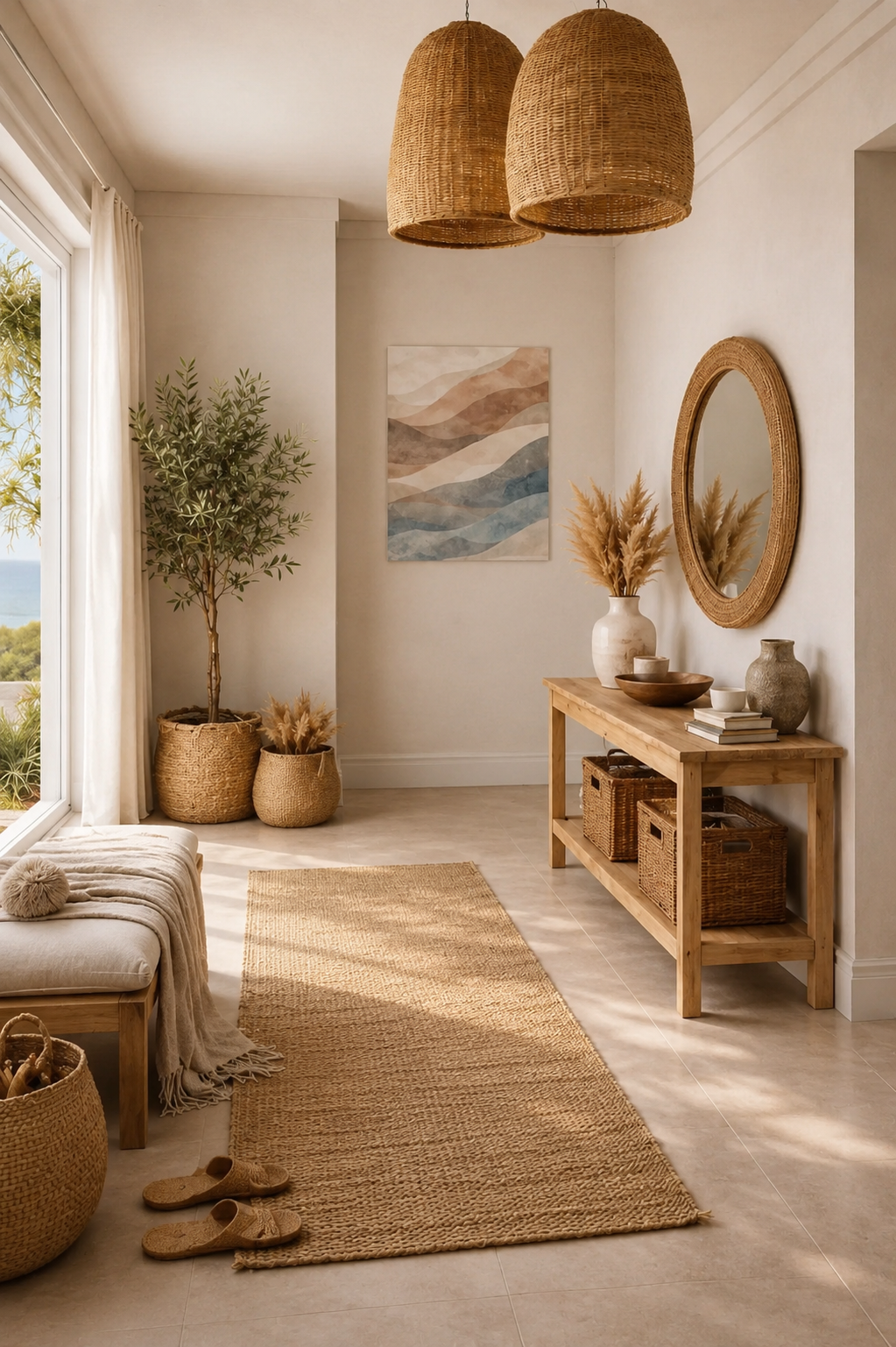 Bright seaside-inspired lounge with realistic abstract canvas artwork and light wood furniture