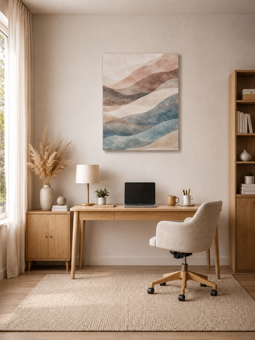 Scandinavian home office with realistic wrapped canvas print, wooden desk and warm beige styling