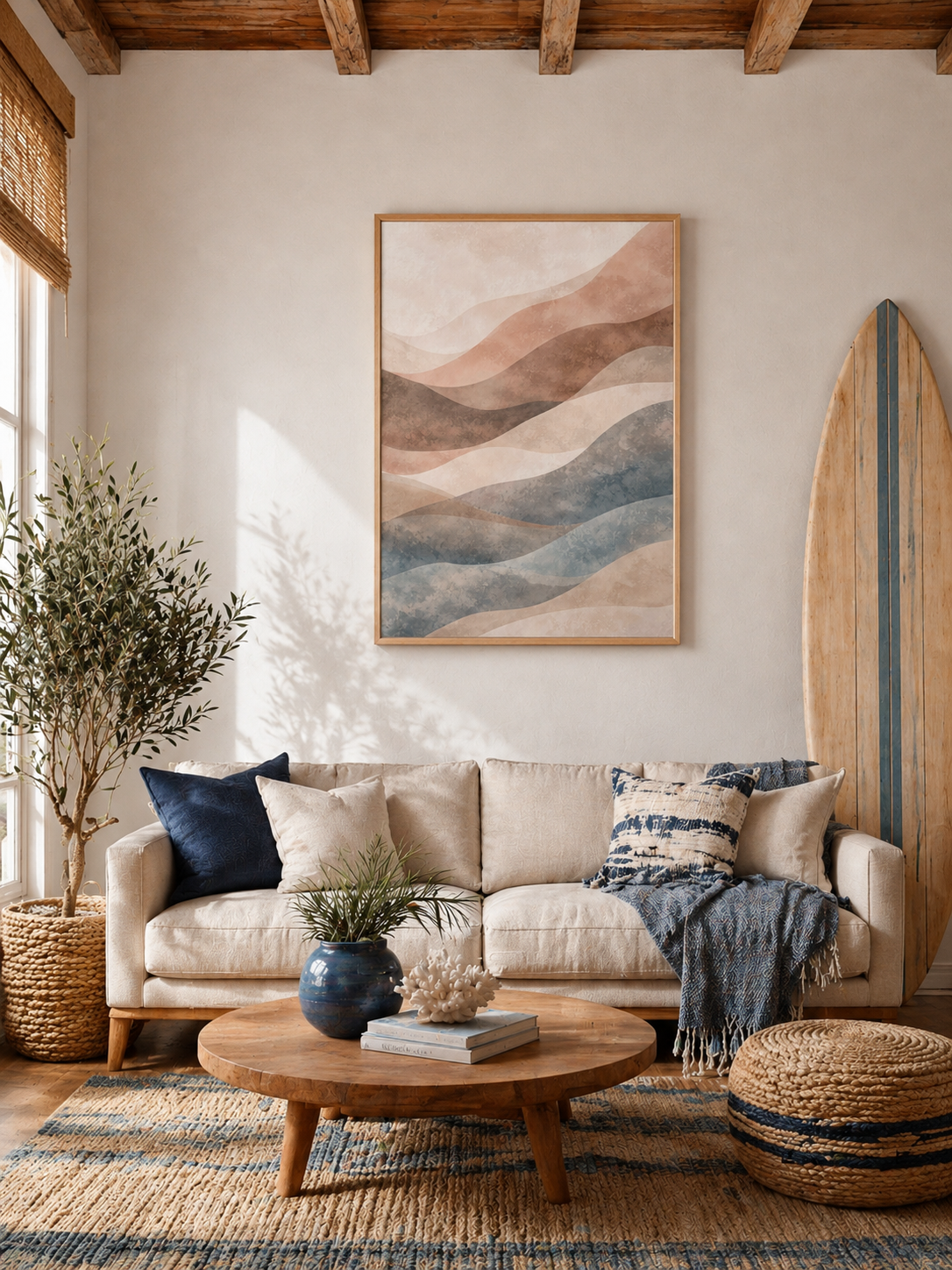 Coastal boho living room with wooden ceiling beams, woven decor, blue accents and framed pastel abstract wall art.