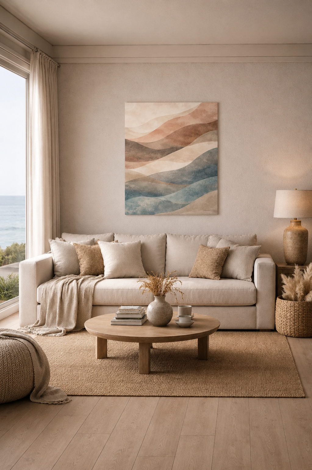 Neutral boho entryway with woven decor and pastel abstract canvas wall art