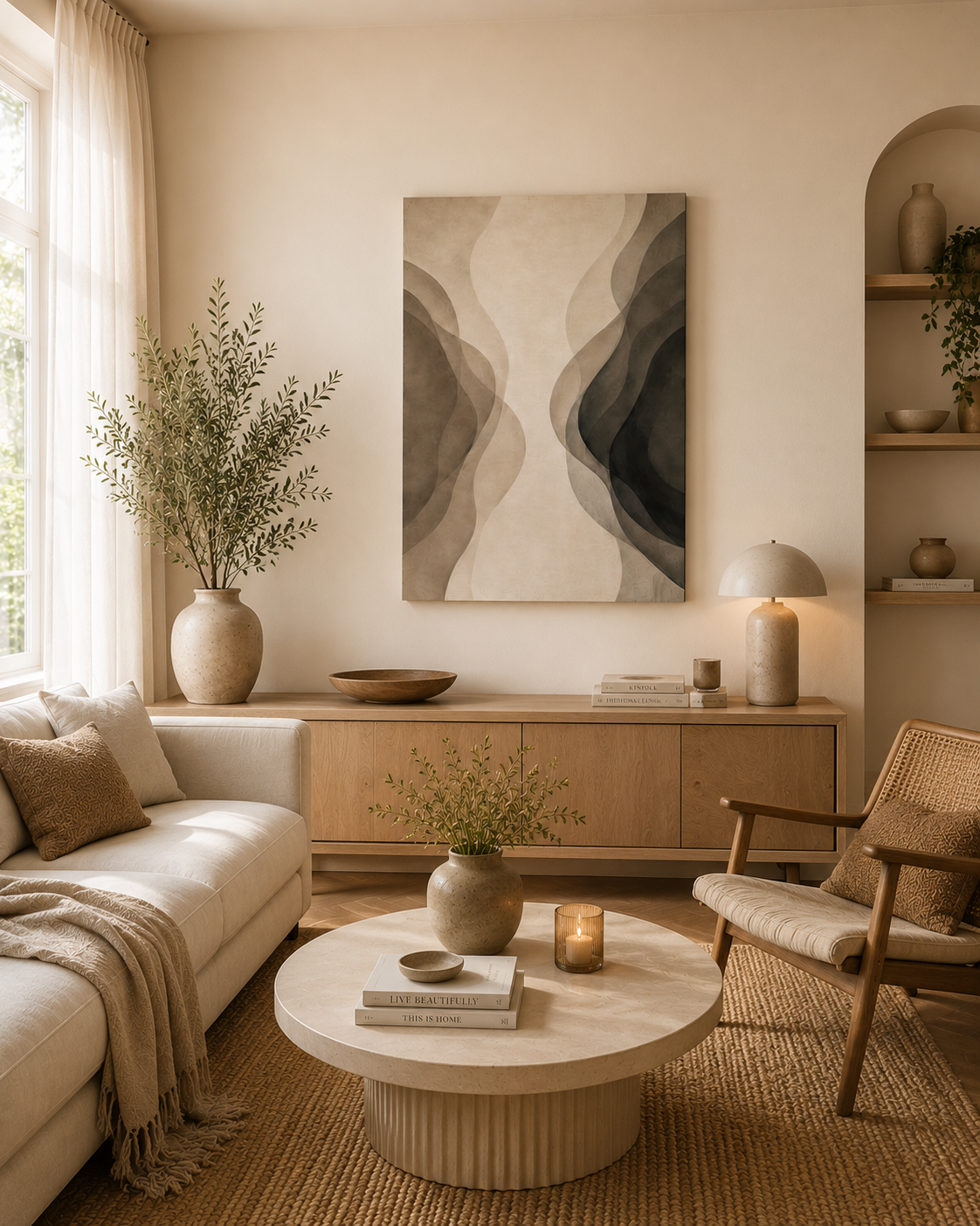 Neutral abstract canvas wall art in a bright Scandinavian living room with cream walls, natural wood furniture, soft beige decor and warm minimalist styling.