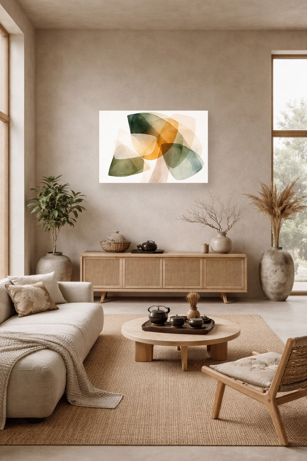 Neutral Japandi living room with abstract green beige poster wall art and minimalist decor