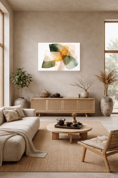 Neutral Japandi living room with abstract green beige poster wall art and minimalist decor