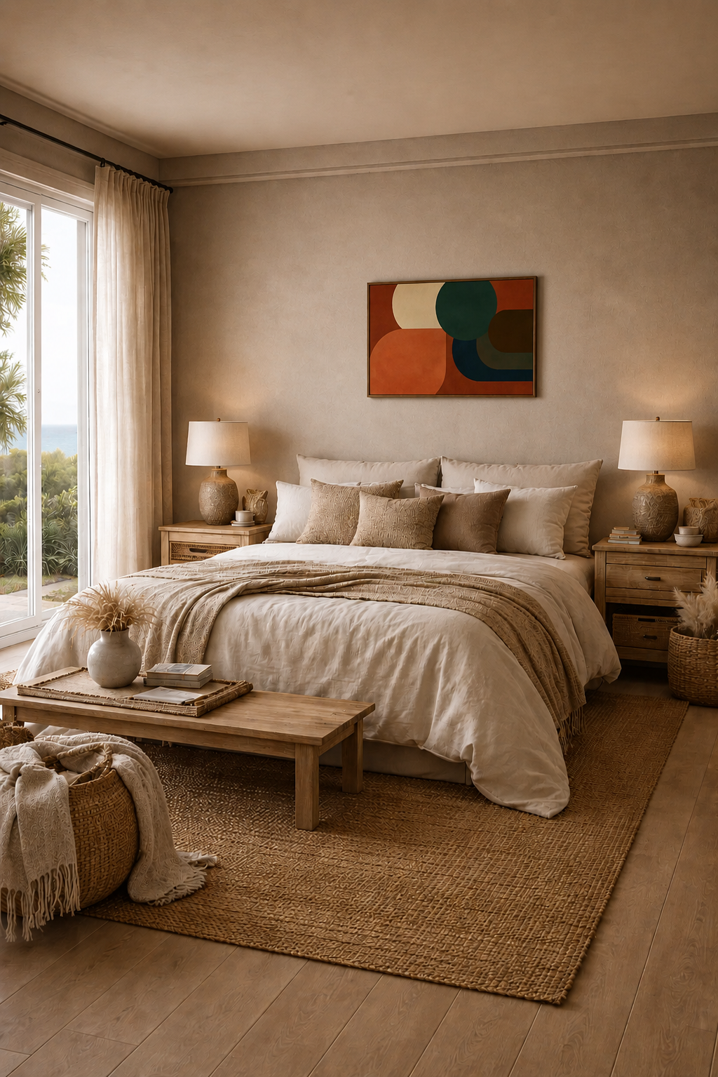 Contemporary abstract wall art in warm earth tones above a cozy minimalist bedroom with beige decor.