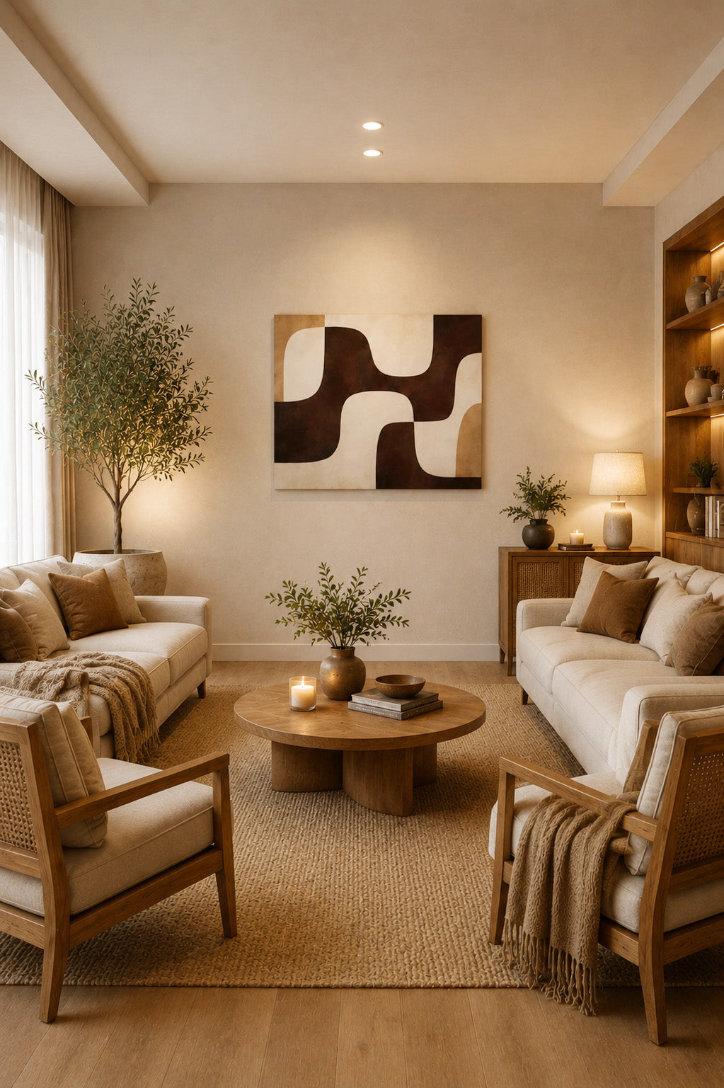 Neutral geometric wall art canvas displayed above seating area in cozy Scandinavian inspired living room with warm lighting