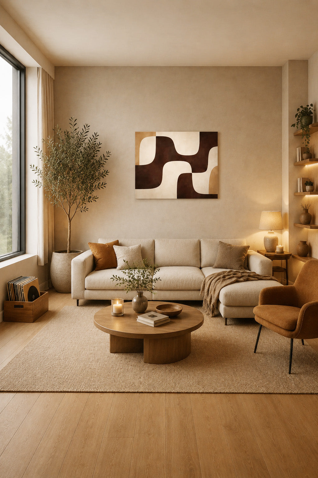 Neutral geometric canvas artwork in bright Japandi living room with beige furniture and warm wood accents