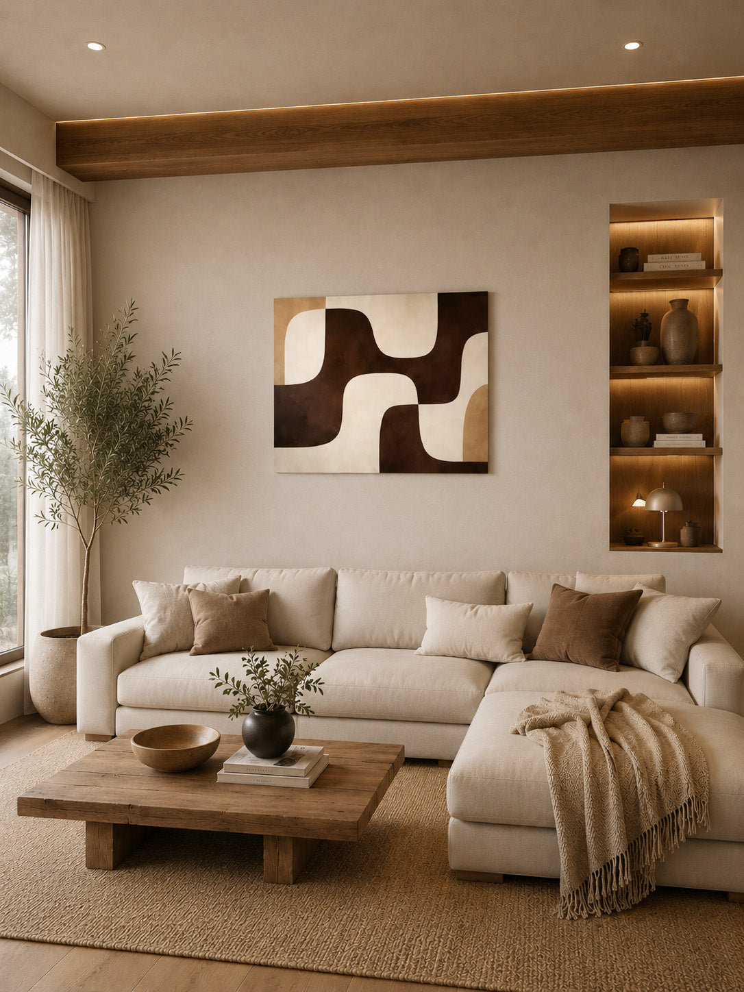 Abstract geometric canvas wall art in warm beige living room with soft neutral sofa, wooden coffee table and ambient lighting
