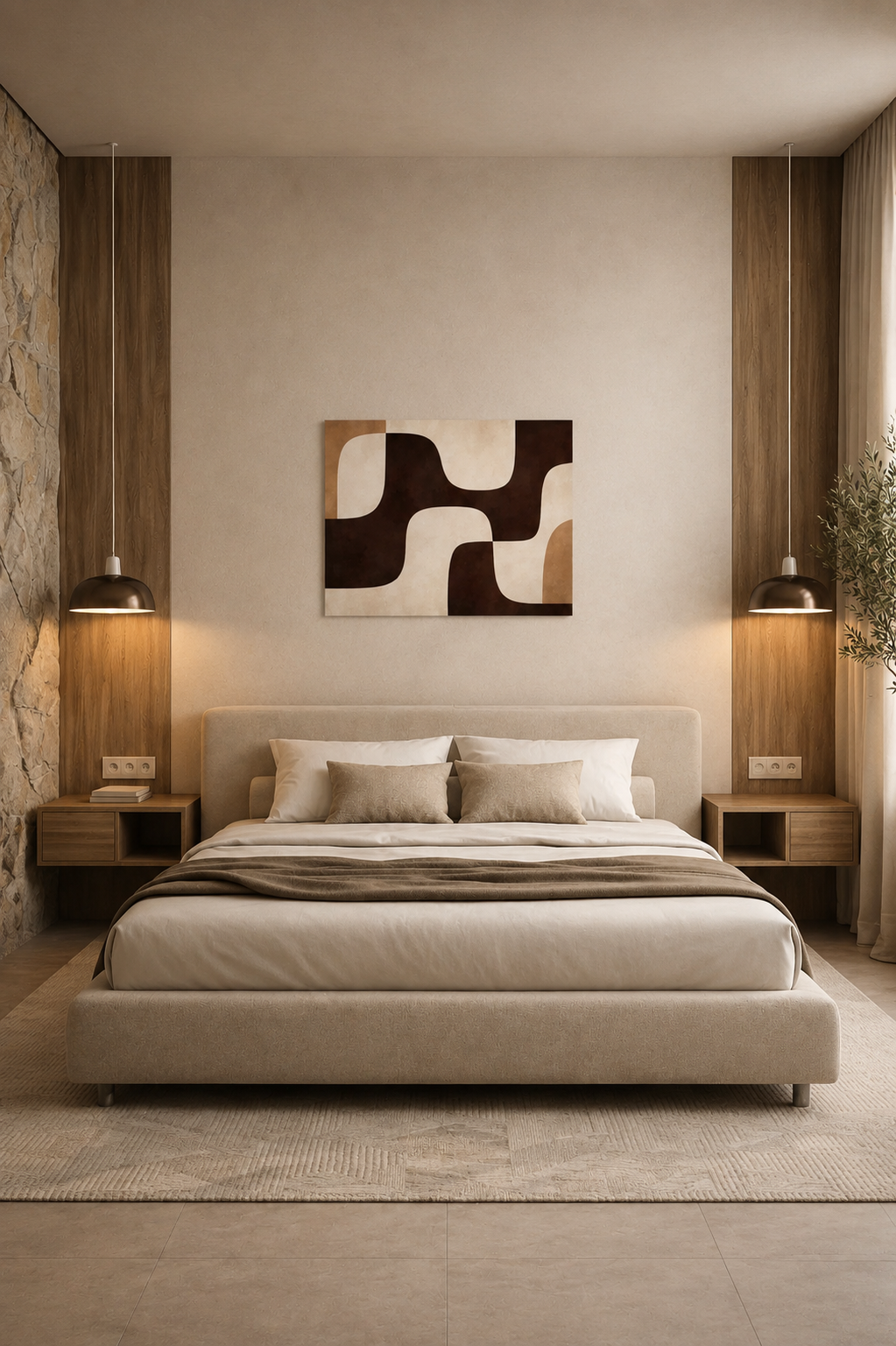 Abstract brown and beige canvas wall art above upholstered bed in modern minimalist bedroom interior