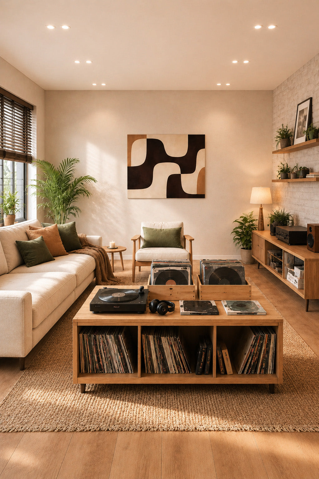 Abstract canvas wall art in cozy music room with vinyl records, turntable setup and warm modern decor