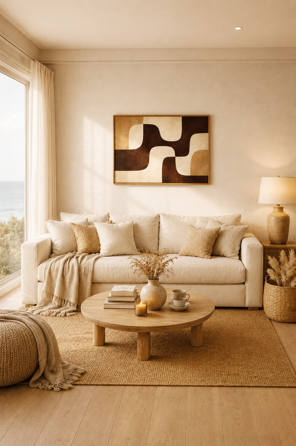 Coastal inspired living room with beige sofa and abstract framed wall art above it