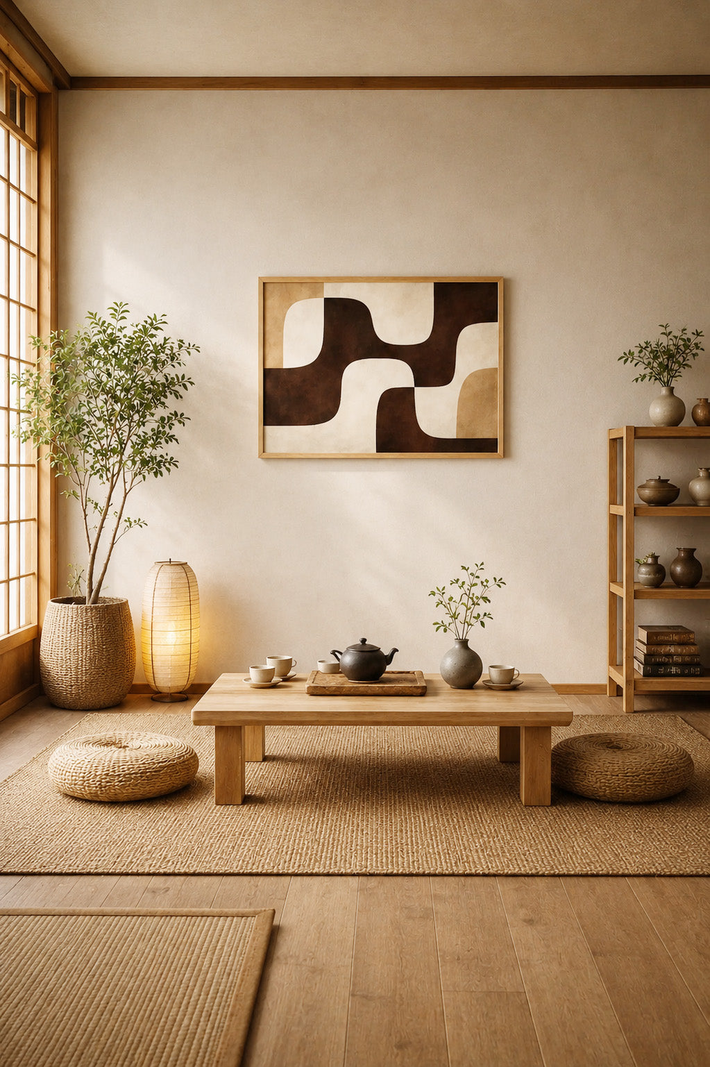 Japandi style room with low wooden table, floor cushions and abstract framed wall art