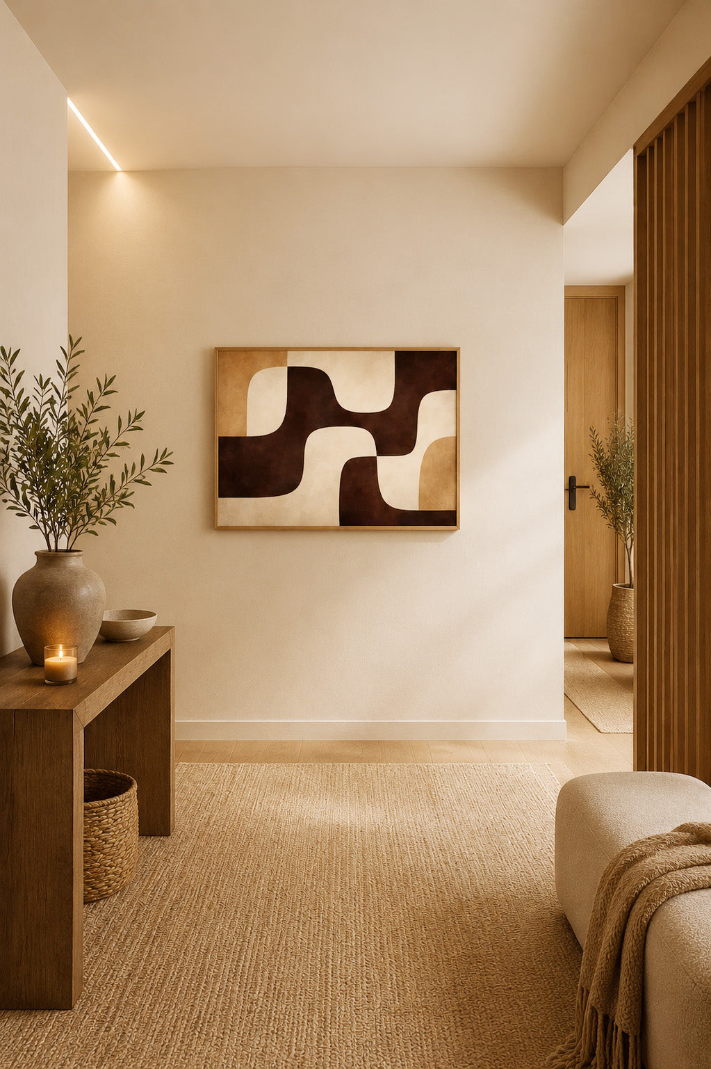 Warm minimalist hallway with wood accents and abstract framed wall art in brown and beige