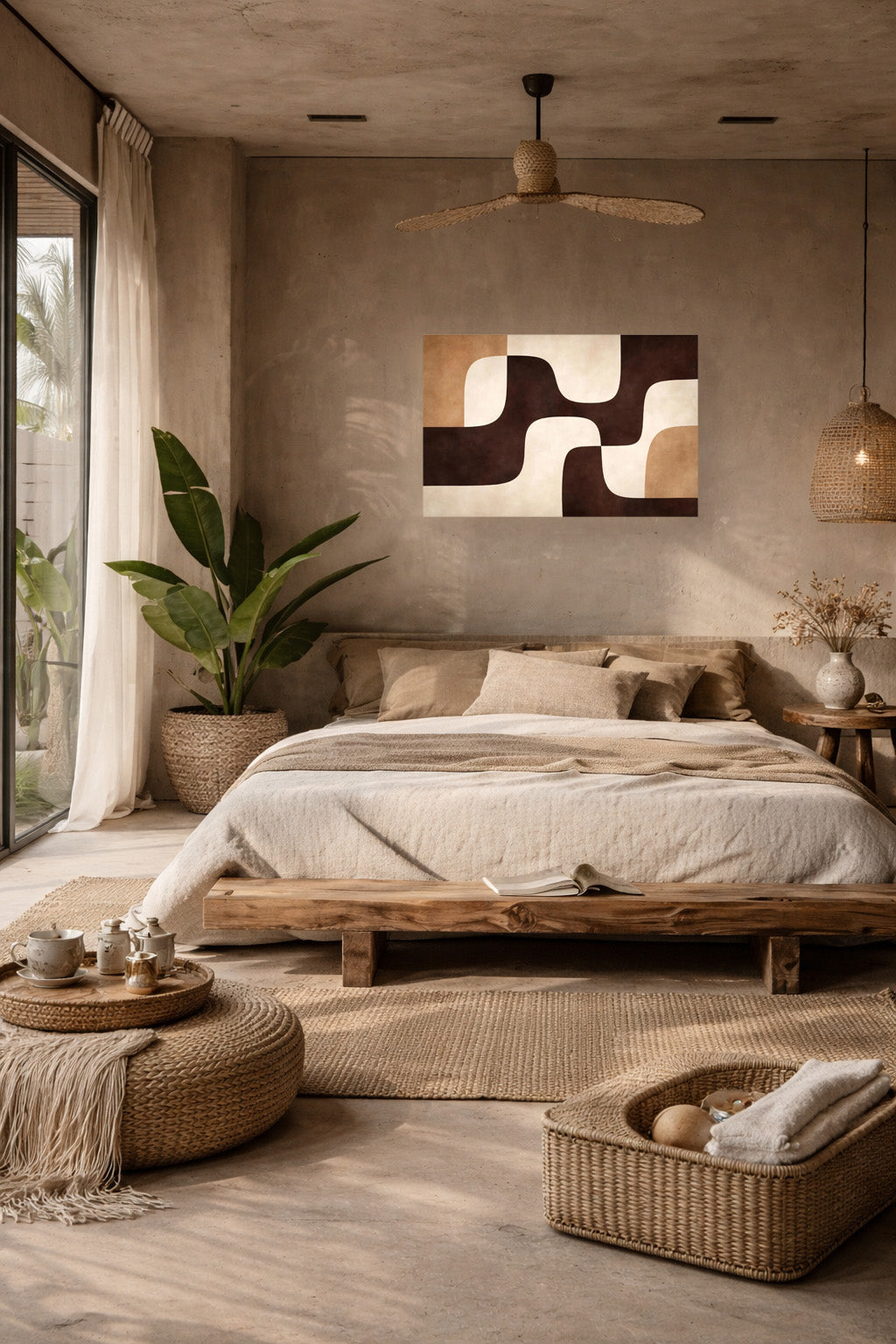 Warm neutral bedroom with low platform bed and abstract wall art poster above it