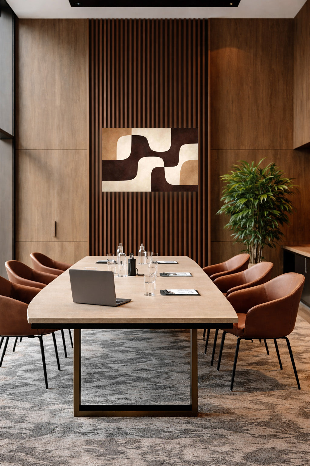 Modern dining room with wooden accents and abstract wall art poster in brown and beige